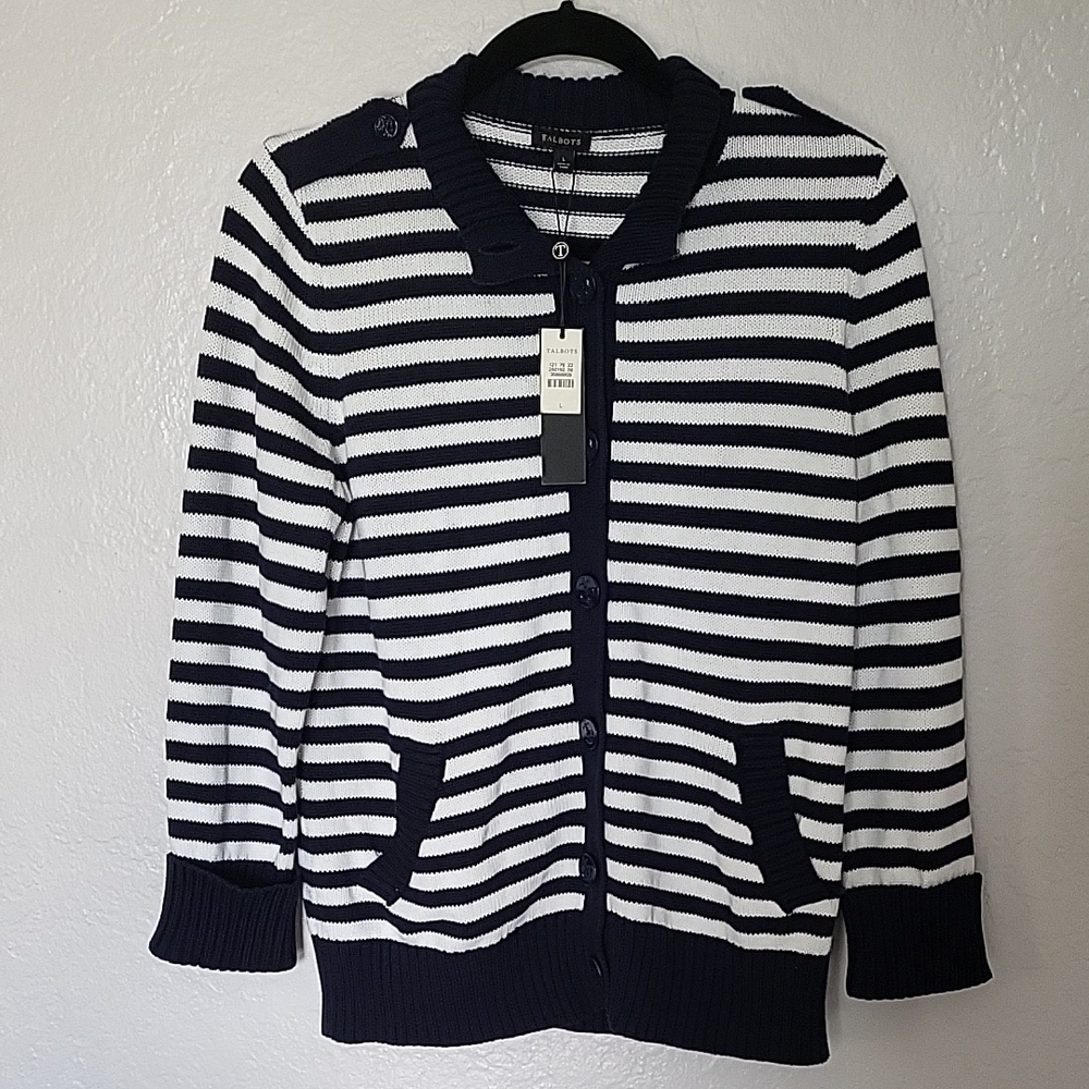 Talbots Navy and White Striped Cardigan